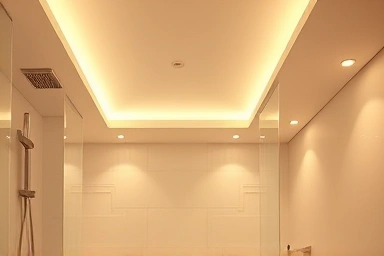 Luxurious bathroom with soft, warm recessed lighting.